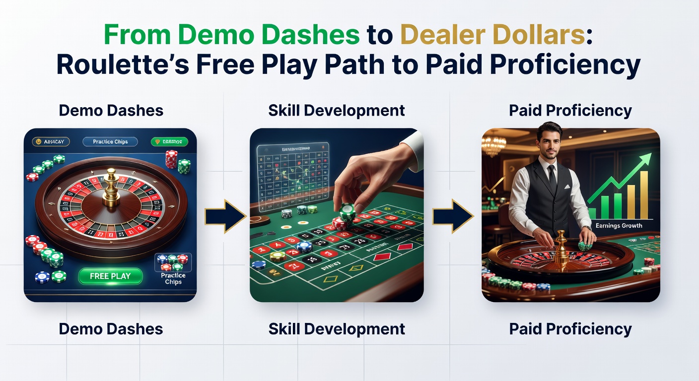 Close-up of a player's hand placing chips on a roulette layout during a transition from demo credits to real dollars, with a progress bar showing skill growth