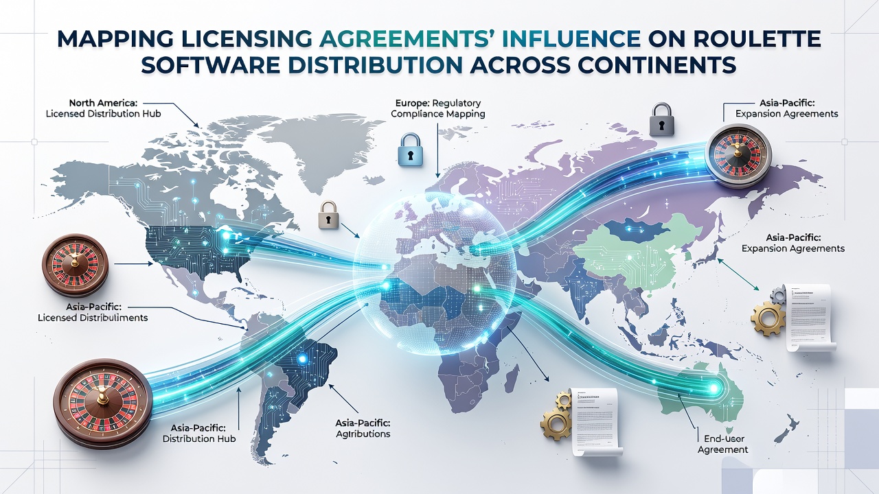 Global map highlighting roulette software distribution routes influenced by licensing agreements across Europe, Asia, North America, and Africa