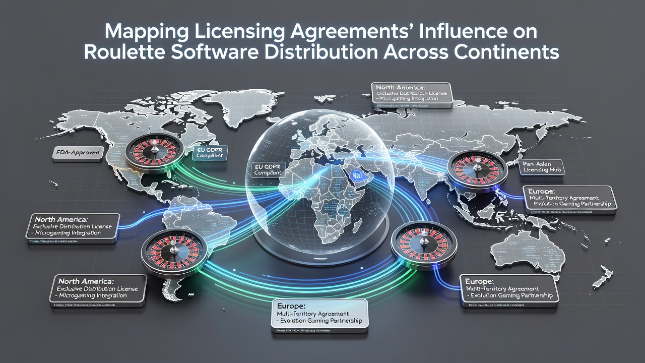 Roulette software servers and licensing documents arranged on a global distribution planning table