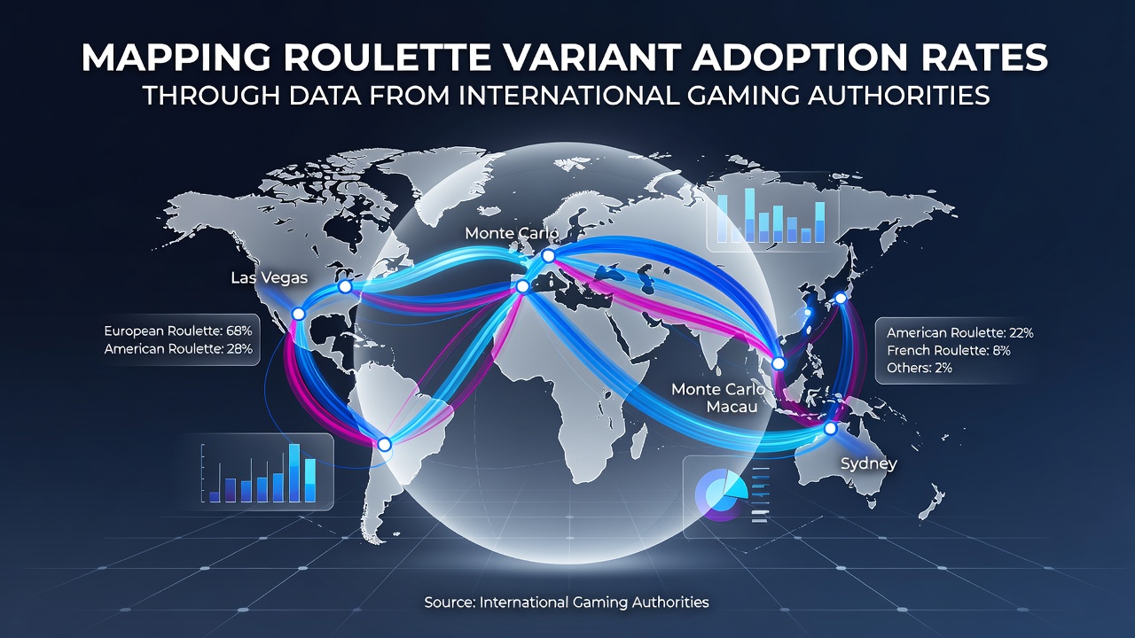 Global map showing roulette variant adoption rates across international gaming markets with data visualizations from regulatory authorities