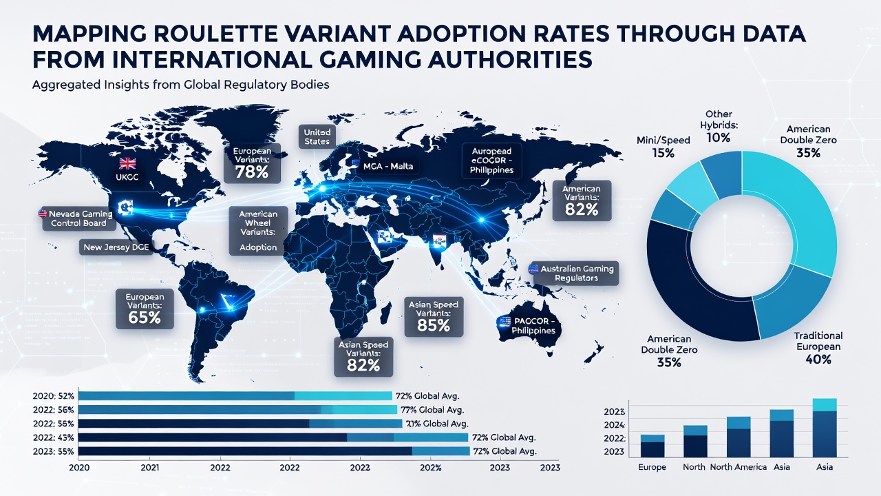 Charts and graphs displaying adoption statistics for European, American, French, and mini roulette variants from global gaming authorities