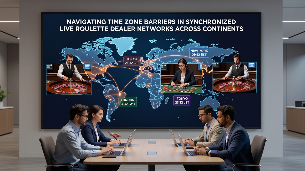 Technical setup showing synchronized roulette broadcast feeds routed through global data centers