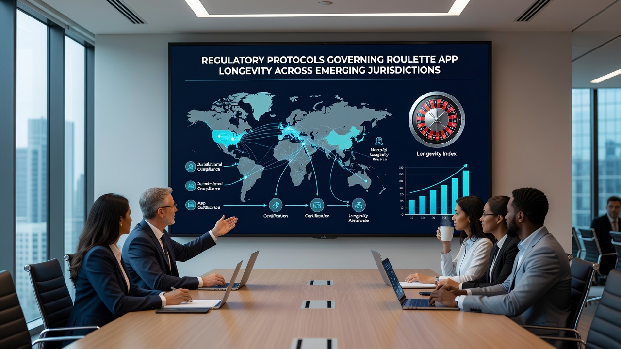 Regulatory documents and compliance checklists spread across a digital workspace with roulette wheel graphics