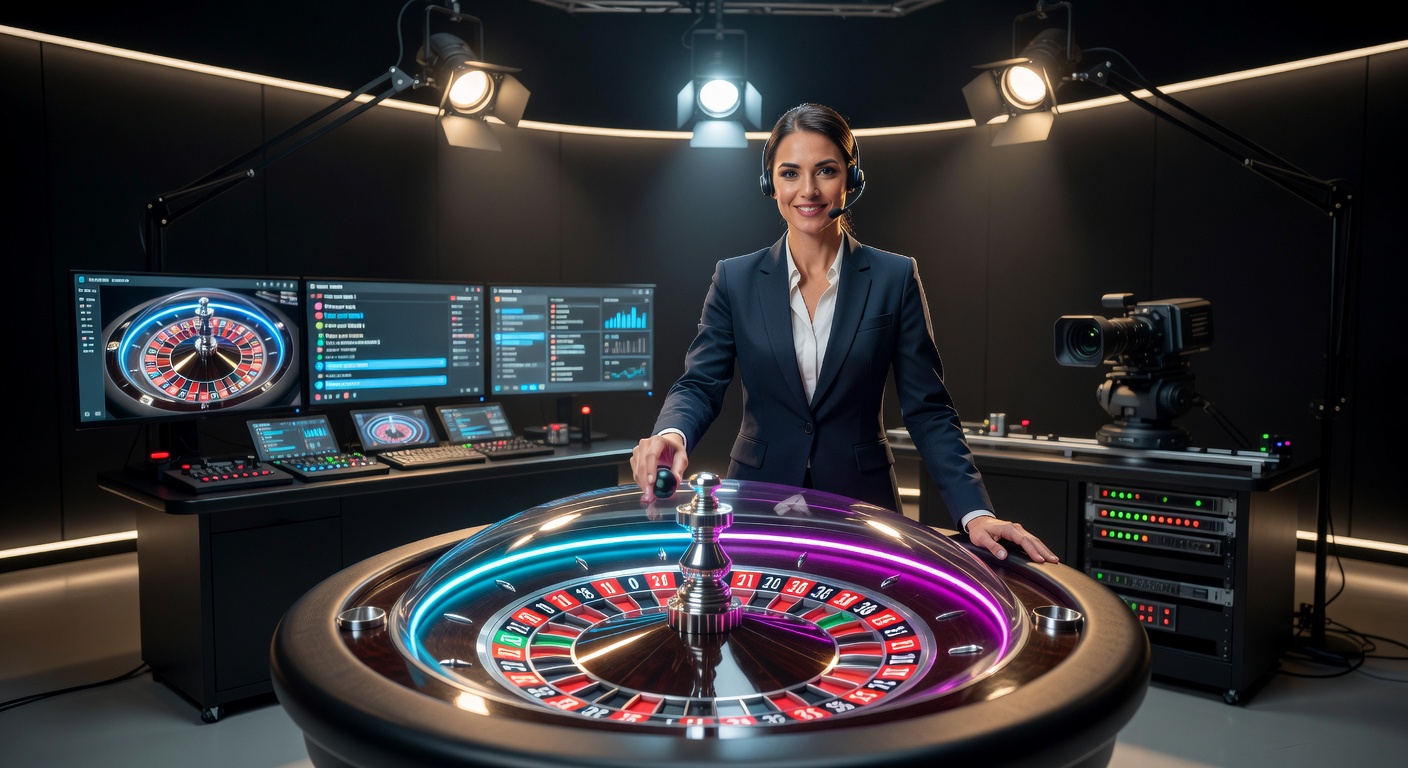 A bustling live dealer roulette studio with multiple high-definition camera angles capturing the wheel and dealer in action