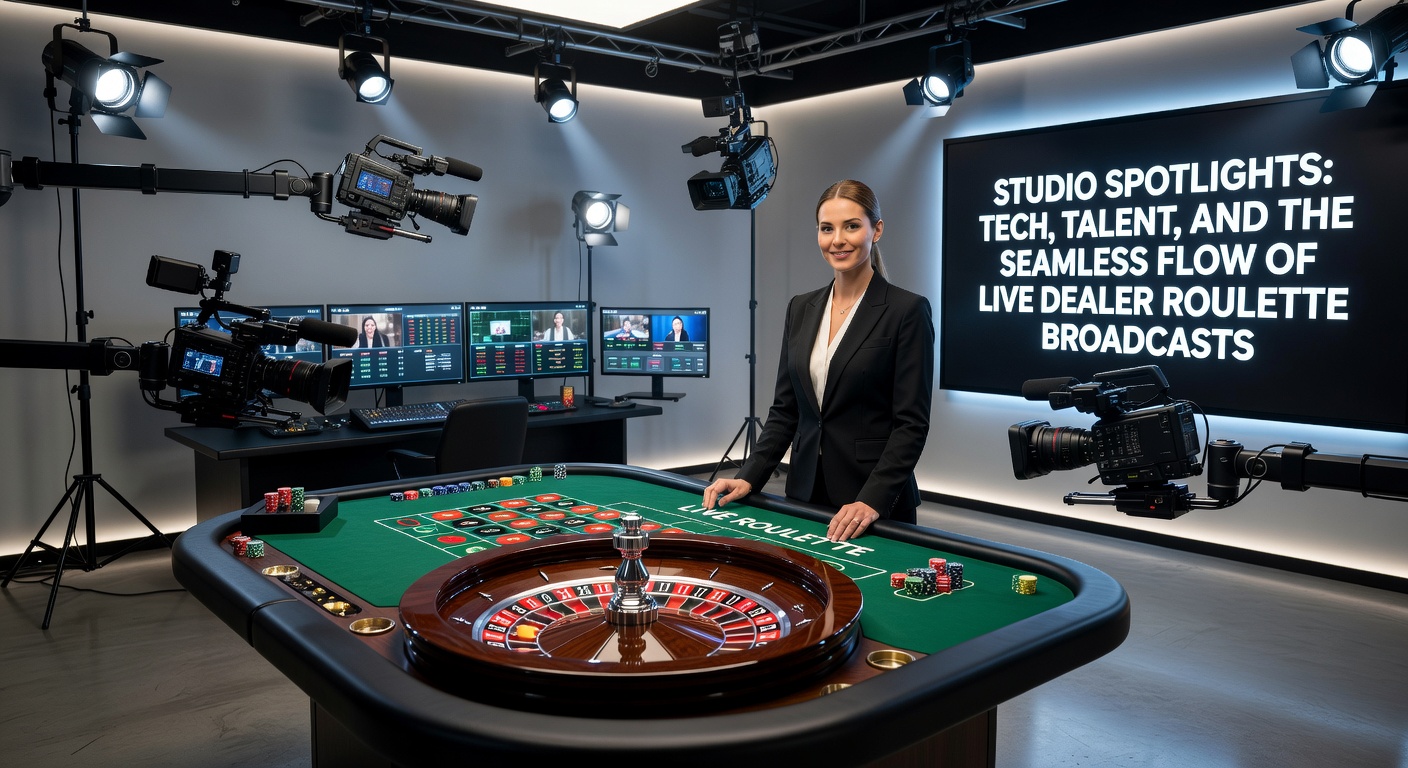 Professional roulette dealer in a brightly lit studio, mid-spin on a gleaming roulette wheel surrounded by camera rigs