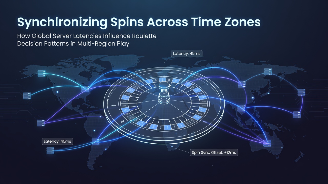 Global server network diagram showing roulette spin synchronization across multiple time zones and regions