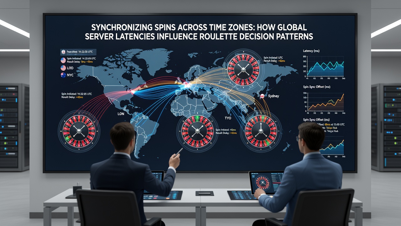 Roulette wheel interface displaying synchronized spin results with latency indicators across global player connections