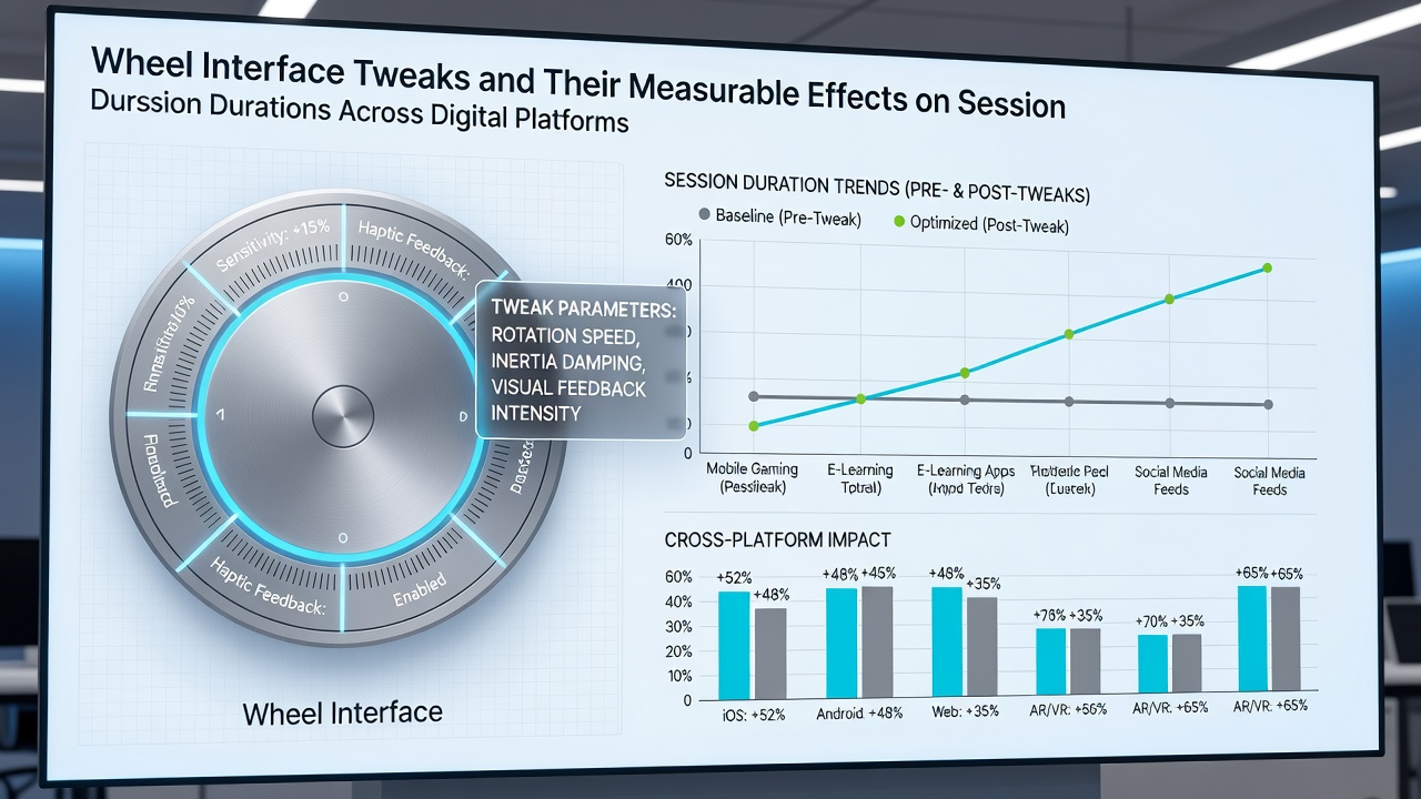 Analytics dashboard displaying session duration graphs linked to interface adjustment tests on multiple digital platforms